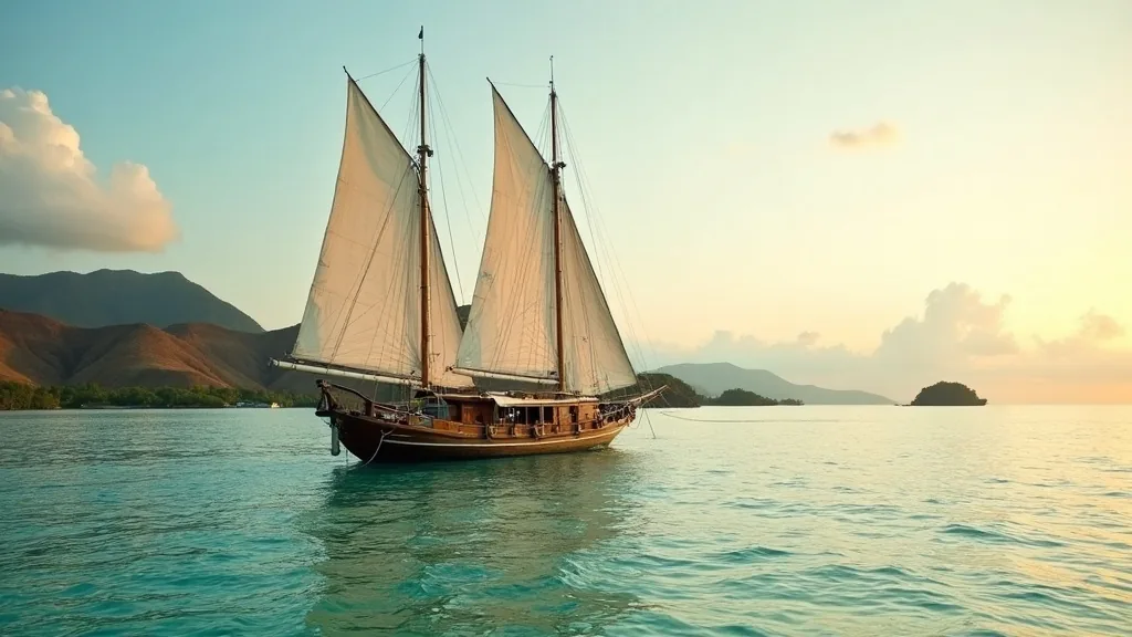 Phinisi liveaboard anchored in a calm bay of Komodo National Park at golden hour with savanna hills behind