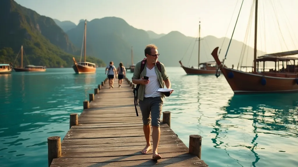 Traveler reviewing booking documents on a Labuan Bajo jetty with phinisi liveaboard boats anchored in the bay