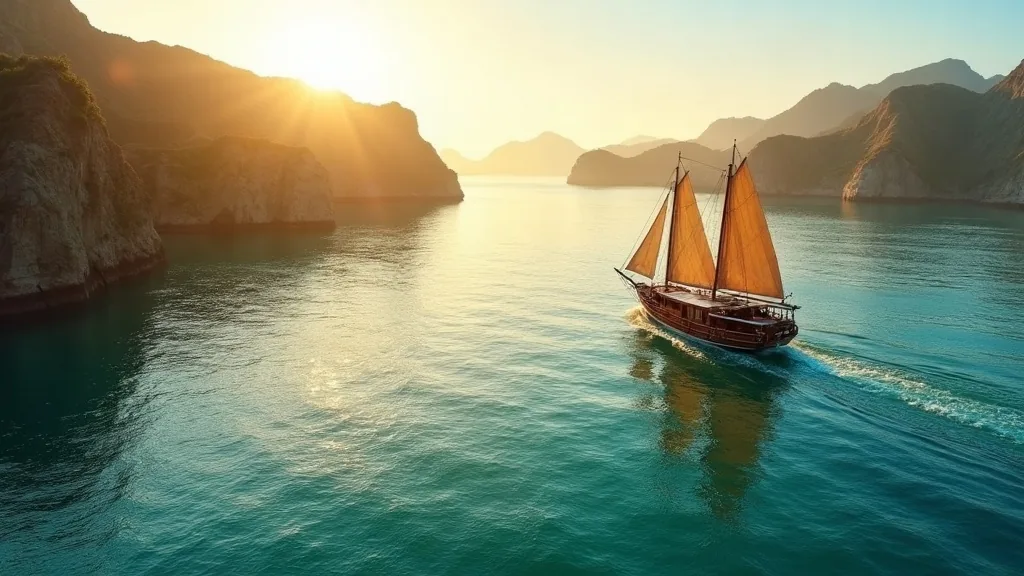Phinisi liveaboard cruising past savanna-covered islands in Komodo National Park at golden hour