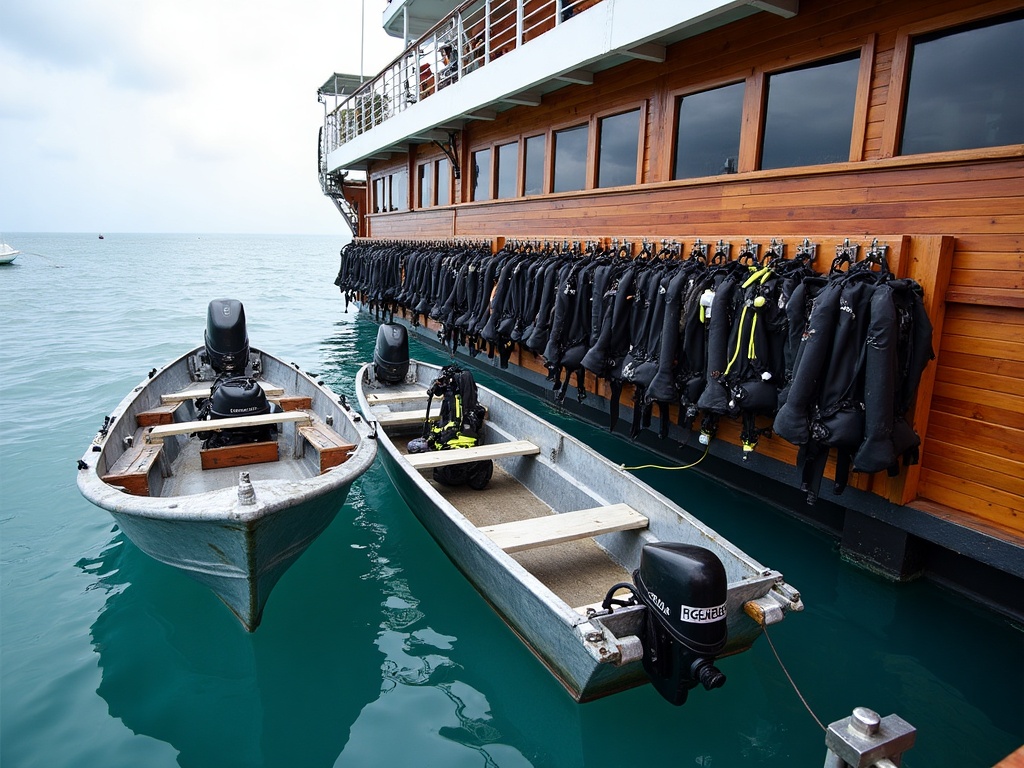 Dive tender and neatly racked scuba equipment beside a liveaboard hull