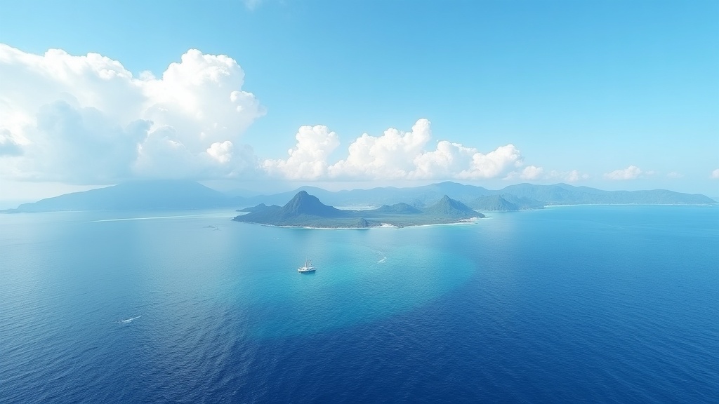 Remote Indonesian archipelago seascape with distant liveaboard under sail