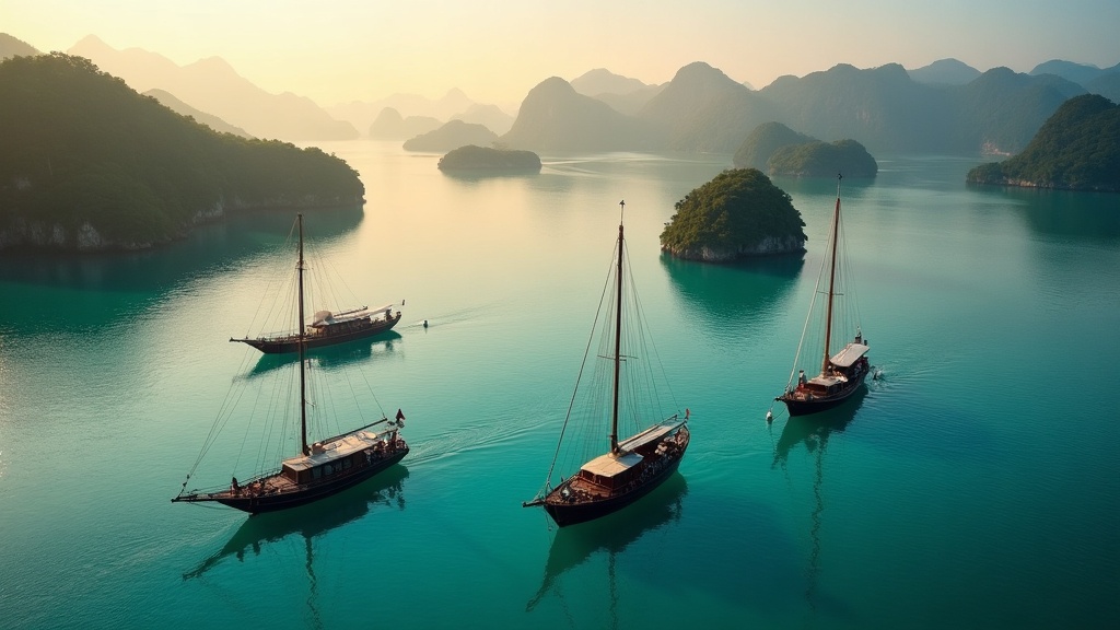 Three phinisi liveaboard vessels anchored at dawn among Indonesian karst islands